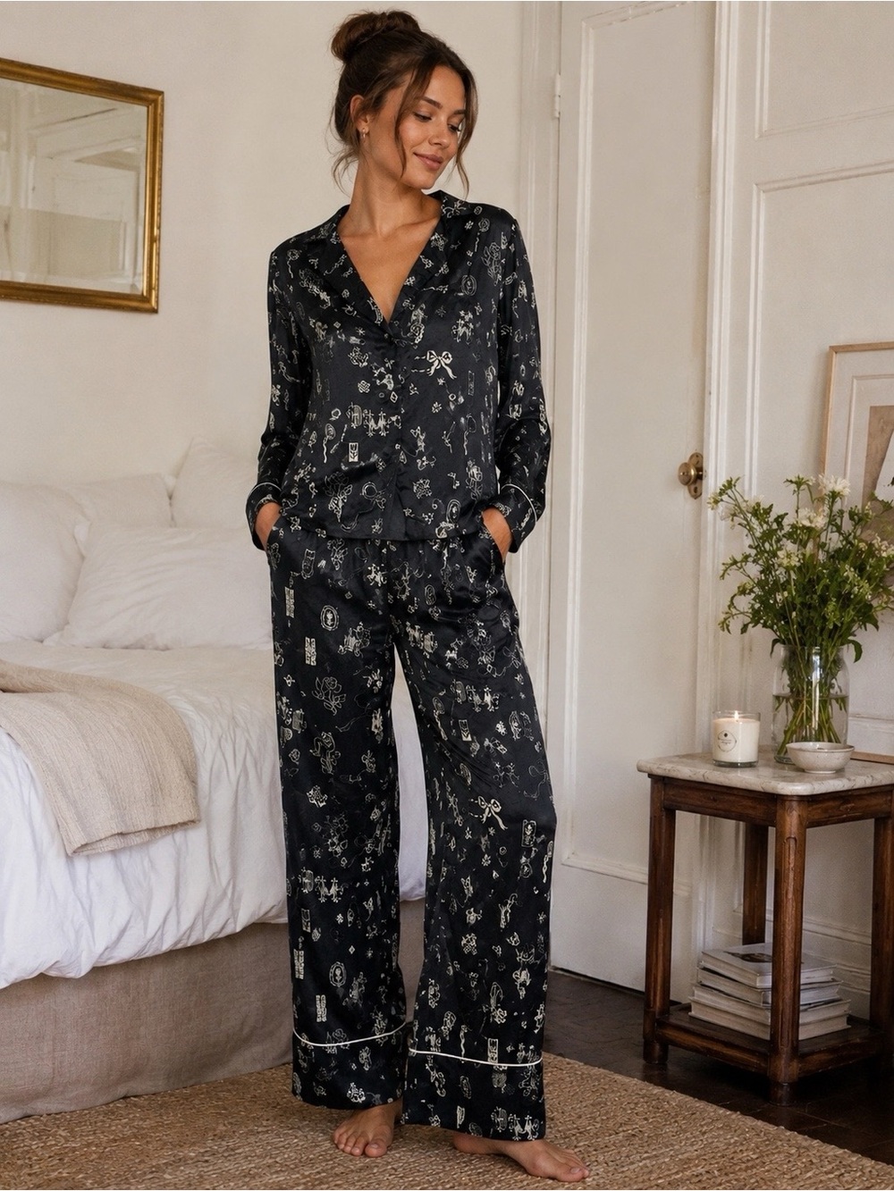 Damson Madder Black Printed Viscose Pajama Lounge‎ Sleepwear Set (UK 10/US 6)